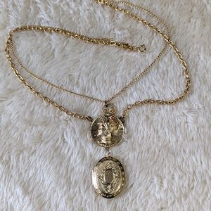 Vintage Goldtone Double Strand Roman Medallion And Oval Locket Pendant Necklace